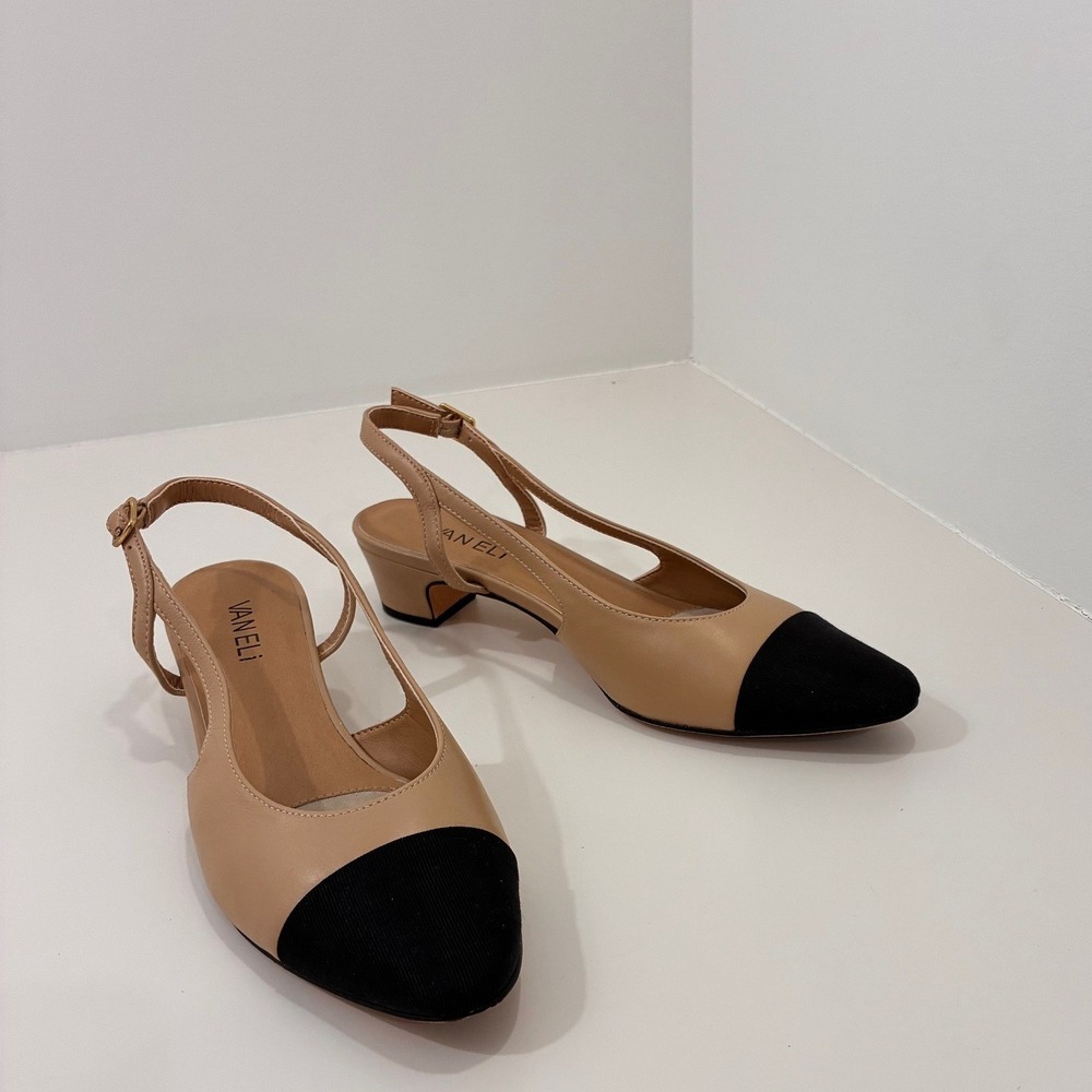 Vaneli Beige Black Cap Toe Slingback Pumps Leather Low Block Heel Shoes 7.5N